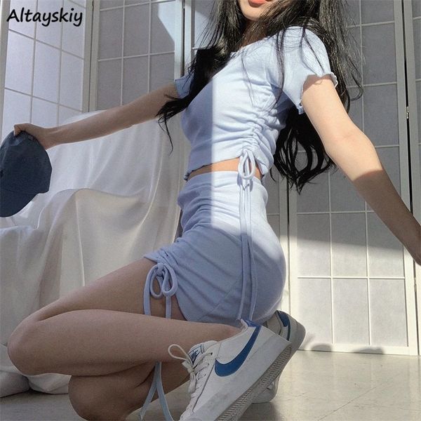 

women sets solid blue short sleeve tshirts slim crop bandage sheath mini skirts shirring design korean fashion female 220620, White