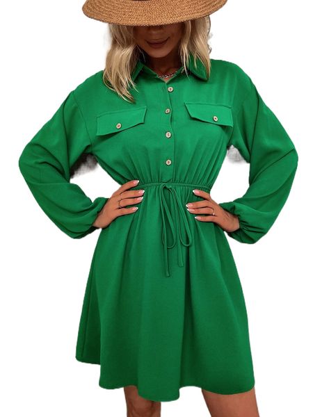 

flap pocket fake drawstring shirt dress b9xl#, Black;gray