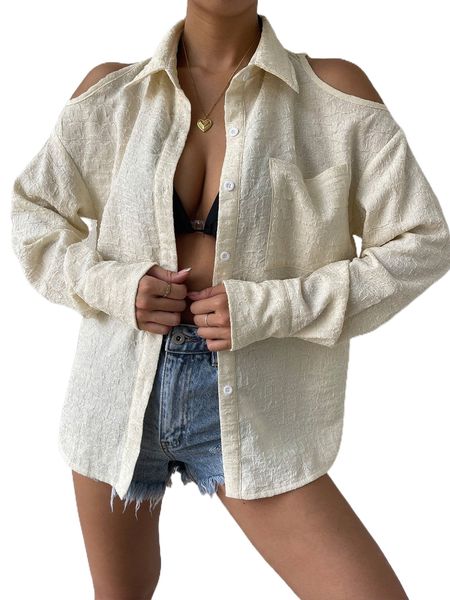 

patched pocket cold shoulder textured shirt o34z#, White