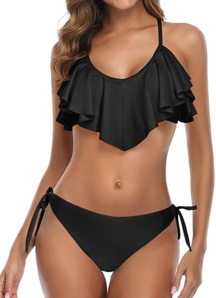 

me two piece flounce bikini side tie bottom padded ruffled swimsuit for women cross back bathing suit p5nu#, White;black