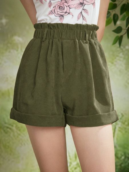 

romwe solid corduroy paper bag waist shorts 02ki#, White;black