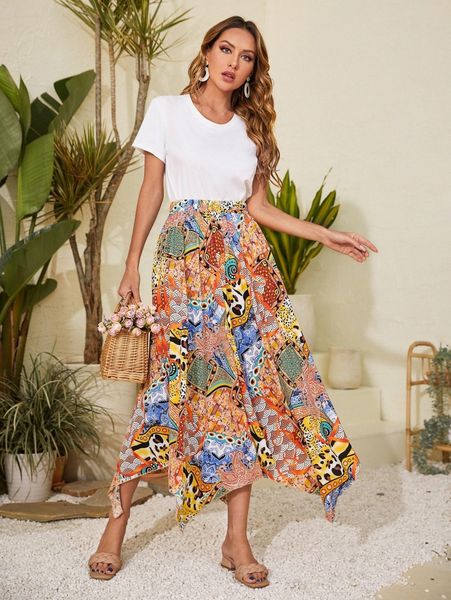 

patchwork print asymmetric hem skirt c0bb#, Black