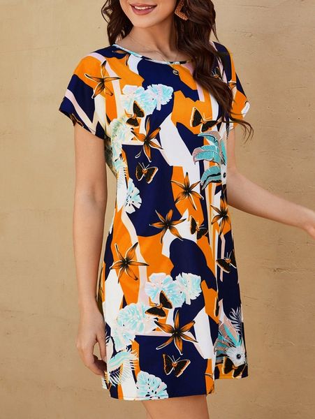 

tropical print tunic dress h4ab#, Black;gray