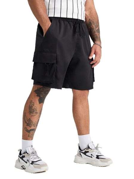 

extended sizes men patched detail flap pocket side drawstring waist shorts d9i2#, White;black