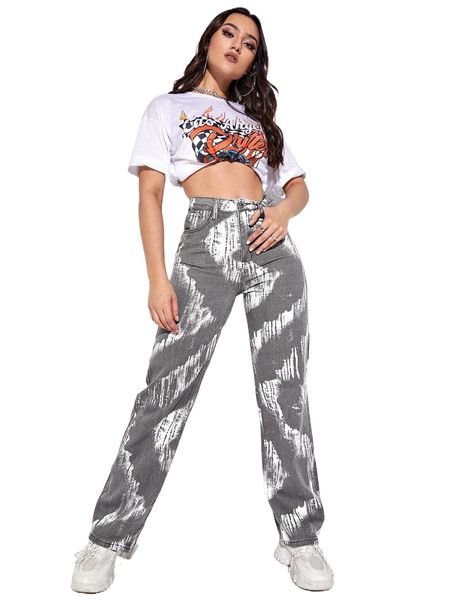 

high waist brush print jeans p0qt#, Blue