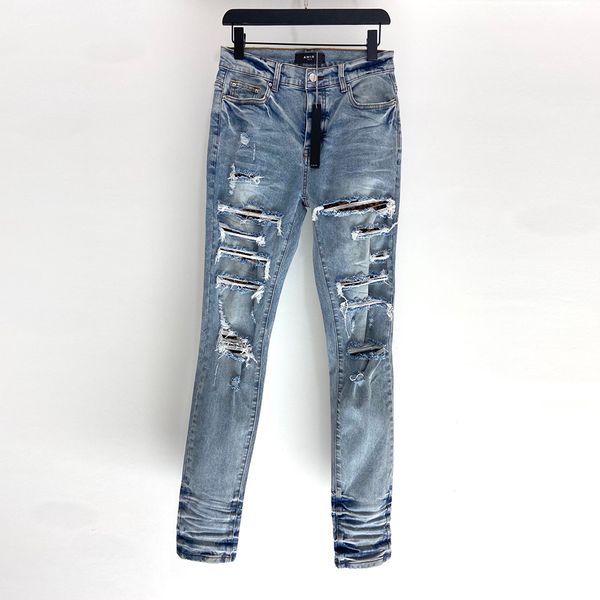 

2022 elastic jeans men patchwork hip hop pants washed blue, Black;brown
