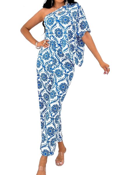 

allover print one shoulder batwing sleeve jumpsuit r1di#, Black;white