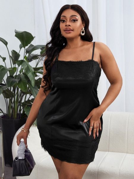 

sxy plus contrast eyelash lace cami dress e6hl#, Black