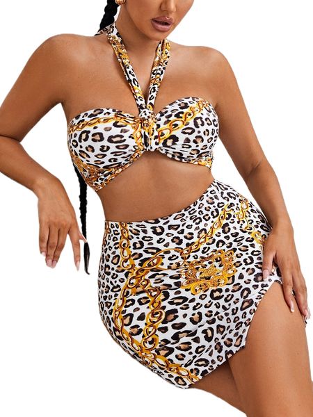 

sxy leopard & chain print halter & split skirt f5w1#, White