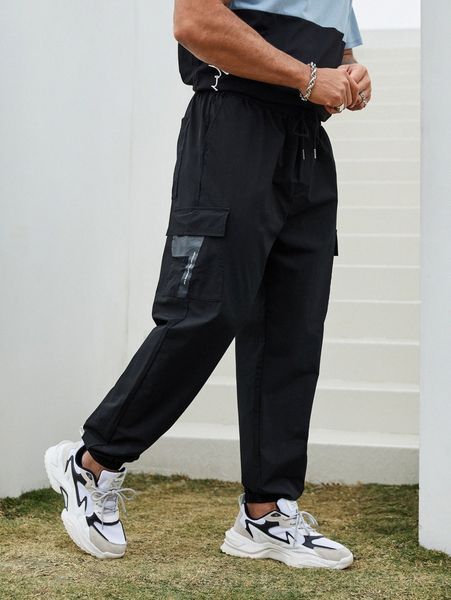 

extended sizes men letter graphic drawstring waist pocket detail pants k9yr#, Black