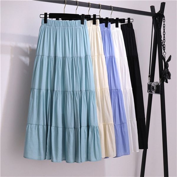 

2020 summer cotton skirt women high waisted long skirt femme casual solid a line skirts women jupe femme green skirts lj201029, Black;gray