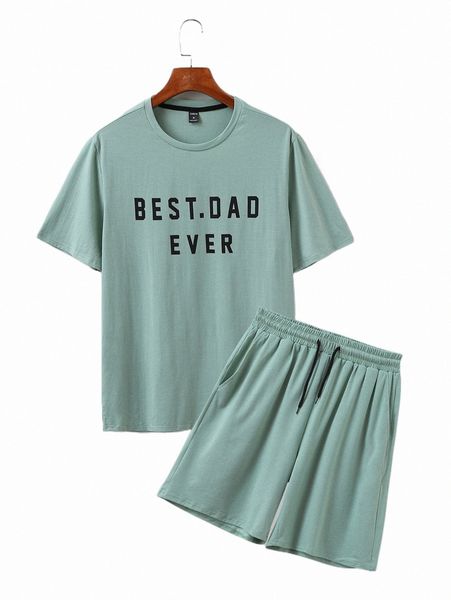 

men letter graphic tee & drawstring waist shorts p0x4#, Gray