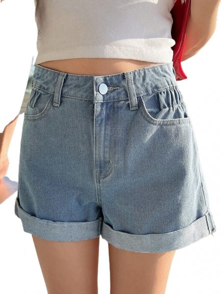 

dazy slant pockets roll up hem denim shorts 99gu#, White;black