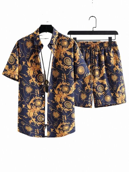 

men chain print shirt & shorts without tee 95b8#, Gray