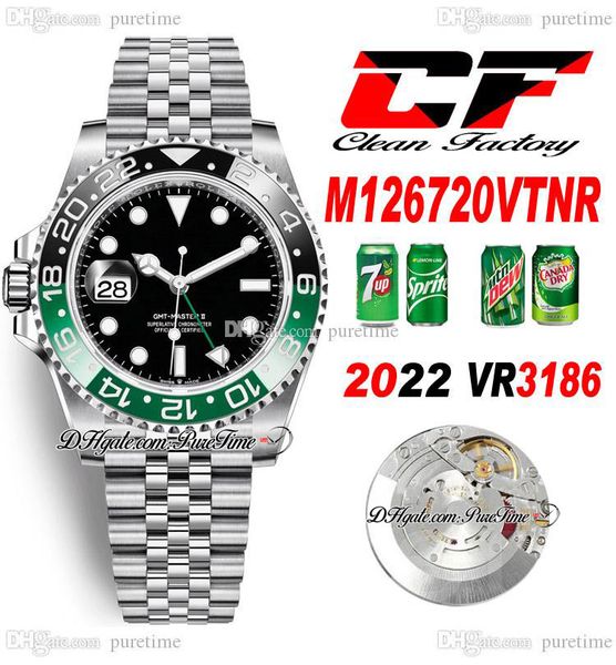 Clean CF GMT VR3186 Orologio da uomo automatico Sprite Nero Verde Lunetta in ceramica 904L JubileeBracciale in acciaio Mano sinistra Stessa scheda seriale Orologi Super Edition Puretime A1