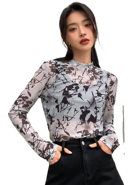 

dazy allover print mock neck mesh without bra 72ef#, White