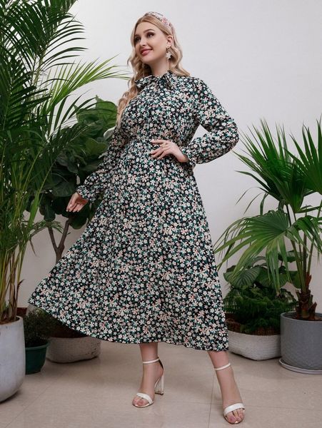

plus floral print flounce sleeve tie neck dress t9qq#, Black