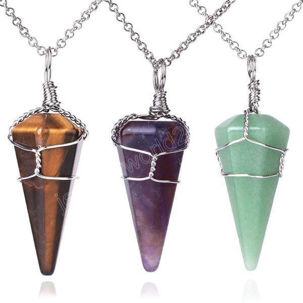 

wire wrap cone crystal pendant stainless steel pendants healing rock crystals necklace stone amethyst pink quartz obsidian, Silver