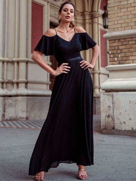 

miusol cold shoulder contrast lace flutter sleeve chiffon dress 14mx#, Black;gray