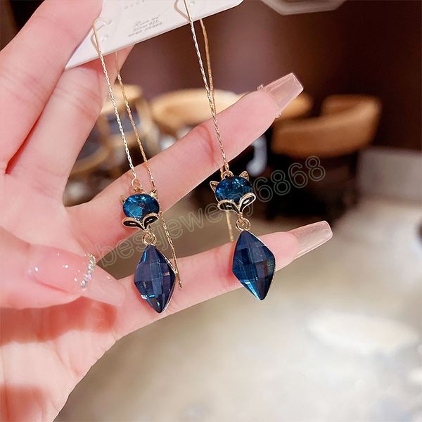 

elegant vintage temperament long royal blue fox pendant earrings for women korean fashion dangle earring party jewelry gift, Silver