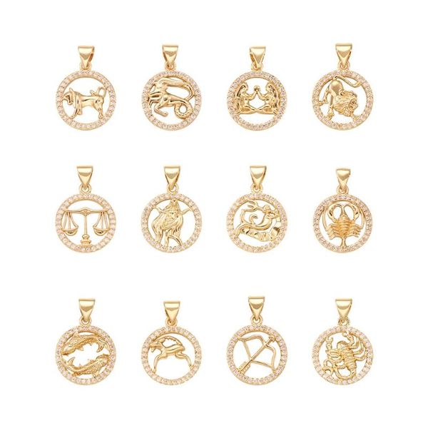 Colares pendentes 12pcs zircônia cúbica 12 constelações signo zodíaco pingentes 18k Astrologia de ouro horóscopo Charms Jewelry Craft Bracelet Diy