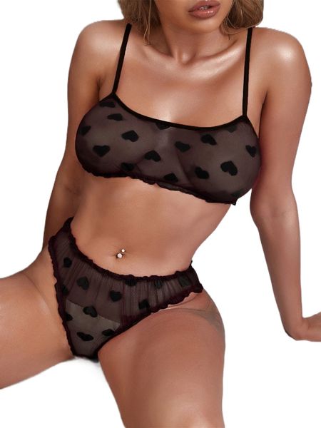 

heart pattern sheer mesh lingerie set 93lw#, Black;red