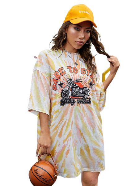 

tie dye motorcycle & slogan graphic drop shoulder tee dress 12zf#, Black;gray