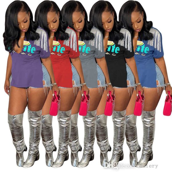 

casual short sleeve women tassel t-shirt summer letter print crew neck tee split clothes, White