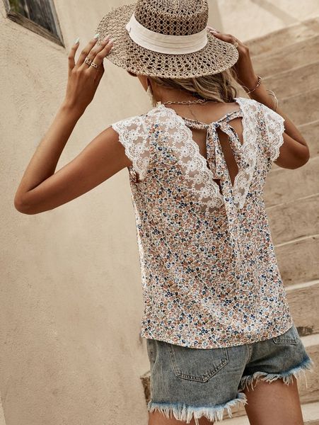 

ditsy floral print tie back contrast lace blouse v8h8#, White