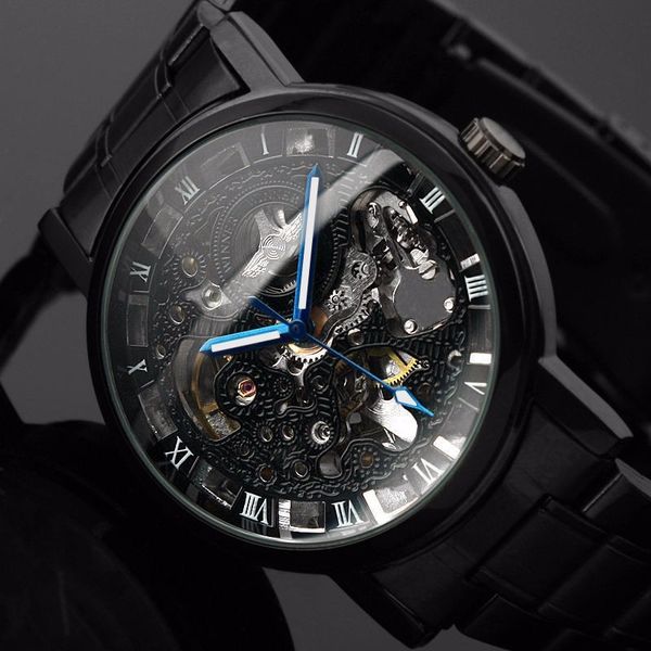 

relogio masculion winner men luxury brand new black men's skeleton wristwatch stainless steel antique steampunk watch, Slivery;brown
