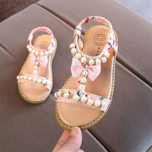 Sandali per bambina estivi con perle che bordano scarpe eleganti da principessa con fiocco Sandali piatti da spiaggia per bambini 1 2 3 4 5 6 anni 220527