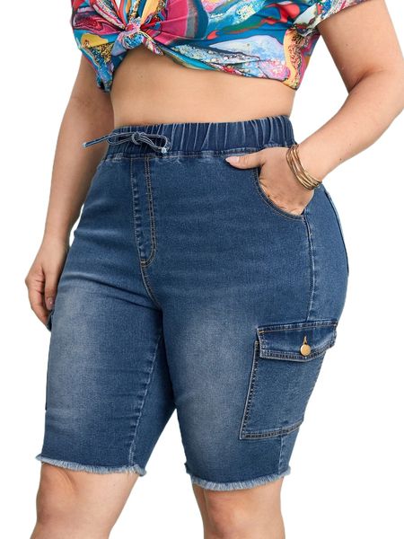 

plus flap pocket tie front denim shorts n20f#, White;black