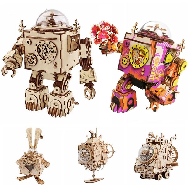 Robotime 3D ahşap bulmaca 5 tür fan rotatable diy steampunk model bina kitleri montaj oyuncak hediye çocuklar için yetişkin AM601 220715