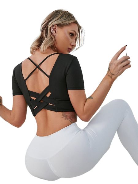 

criss cross back crop sports tee x3yg#, Gray