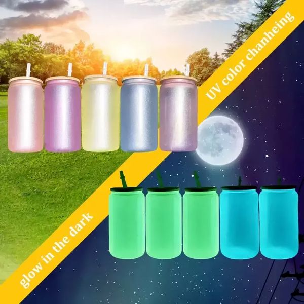

16oz glow in dark uv color changing glass tumblers with bamboo lid short sublimation glass can cooler frosted glasses cola beer cans drinkin