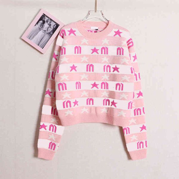 

women's knits & tees high end round neck  letter jacquard five pointed star pink stripe knitted wool short cute sweater, White