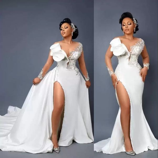 

vintage arabic aso ebi mermaid lace crystals wedding gowns illusion neck side split detachable train overskirts bridal dress crystal beads l, White