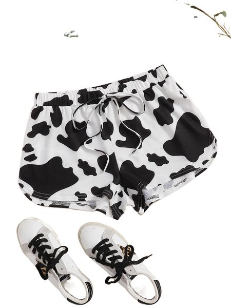 

knot waist cow print shorts t50l#, White;black