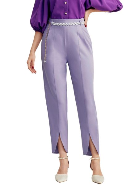 

chain detail split hem pants a7l0#, Black;white