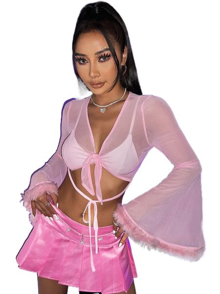 

fuzzy cuff flounce sleeve knot front crop without bra x9g1#, White