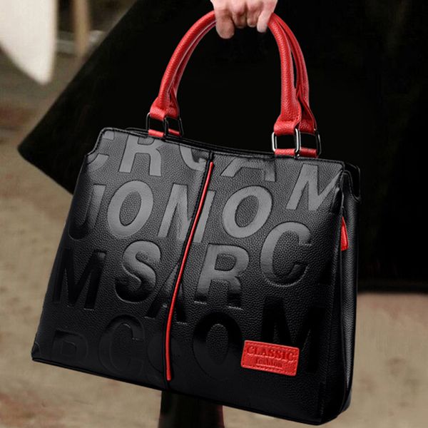 

leather letters shoulder bags women 2022 new luxury bags designer fashion large capacity handbags, Black;red