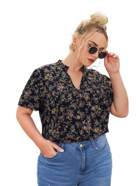 

plus ditsy floral notched neck blouse f4wt#, Black