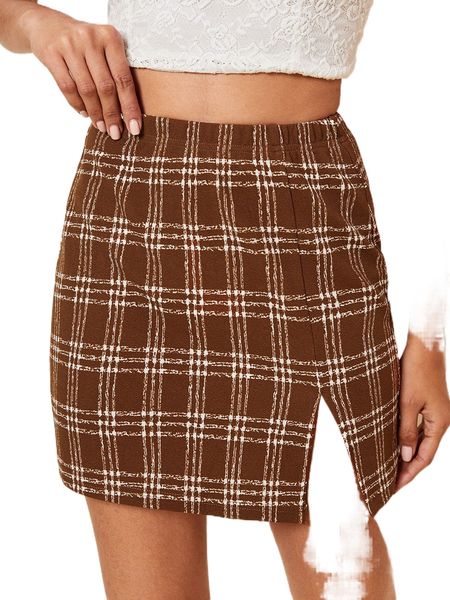 

high waist plaid slit skirt 83ga#, Black