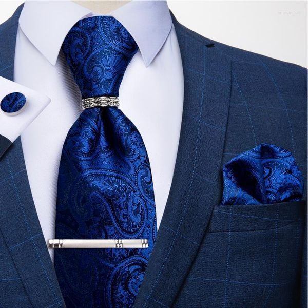 Laço laços de luxo azul royal paisley tie masculino conjunto de casamento acessórios para homens lençóis de anel de clipe presos de abotoaduras menbow enek22