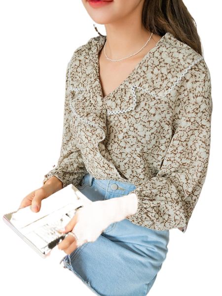 

dazy ditsy floral ruffle trim lantern sleeve blouse f1xw#, White