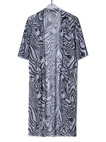 

fluid pattern mesh open front kimono v845#, White;black
