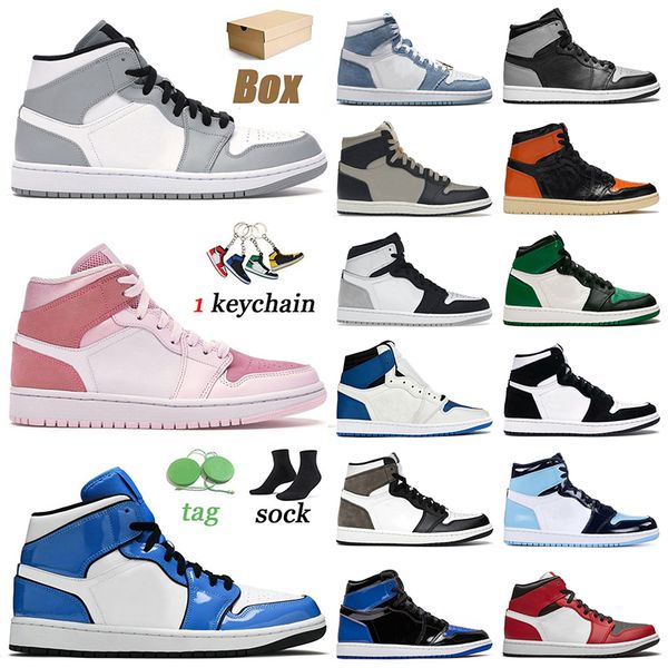 

with box basketball shoes jumpman 1 1s mens women mid light smoke grey digital pink se signal blue shadow pine green twist dark mocha traine, White;red