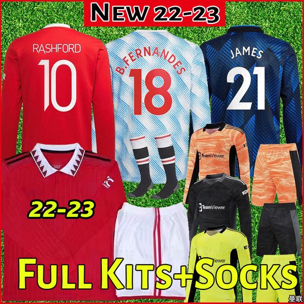 

mans long sleeve 2021 2022 2023 man pogba b.fernandes soccer jerseys united rashford football shirt 21 22 23 man kids kit set sock goalkeepe, Black;yellow