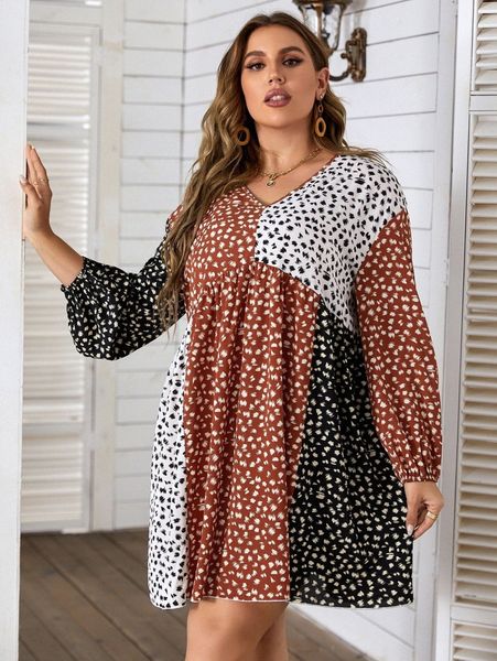 

plus allover print bishop sleeve dress 51oq#, Black