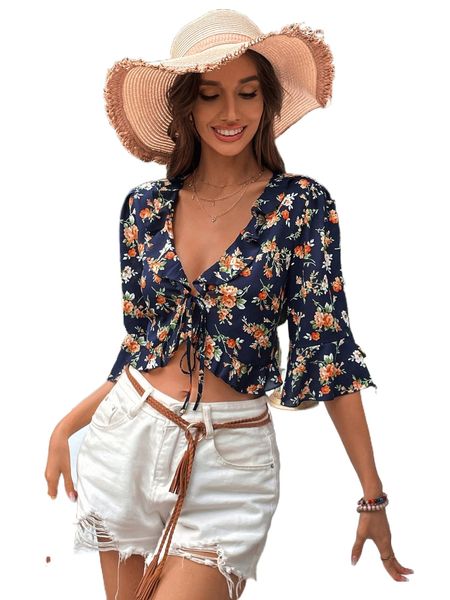 

floral print flounce sleeve ruffle trim knot front crop blouse w39x#, White